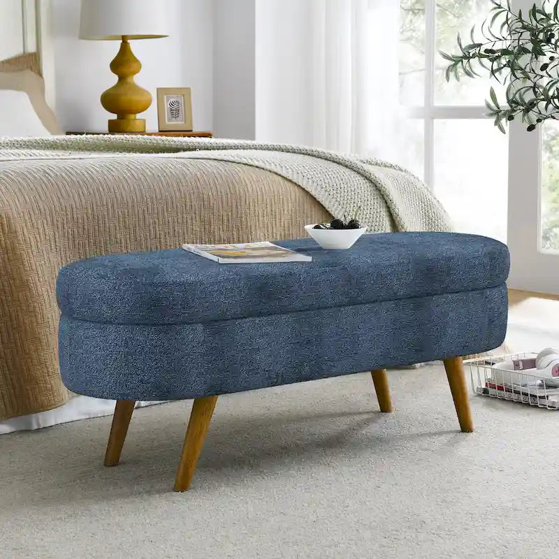 Oval Storage Bench Fabric Upholstered Entryway Bench with Rubber Wood Legs for Bedroom, Entryway, Living Room(43.5x16x16)