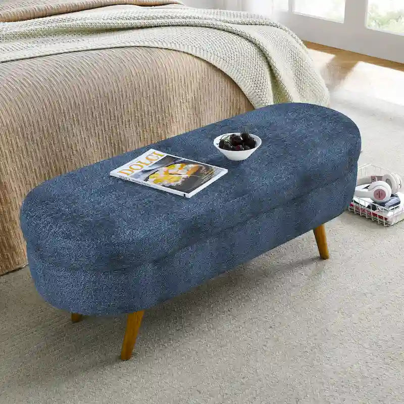 Oval Storage Bench Fabric Upholstered Entryway Bench with Rubber Wood Legs for Bedroom, Entryway, Living Room(43.5x16x16)