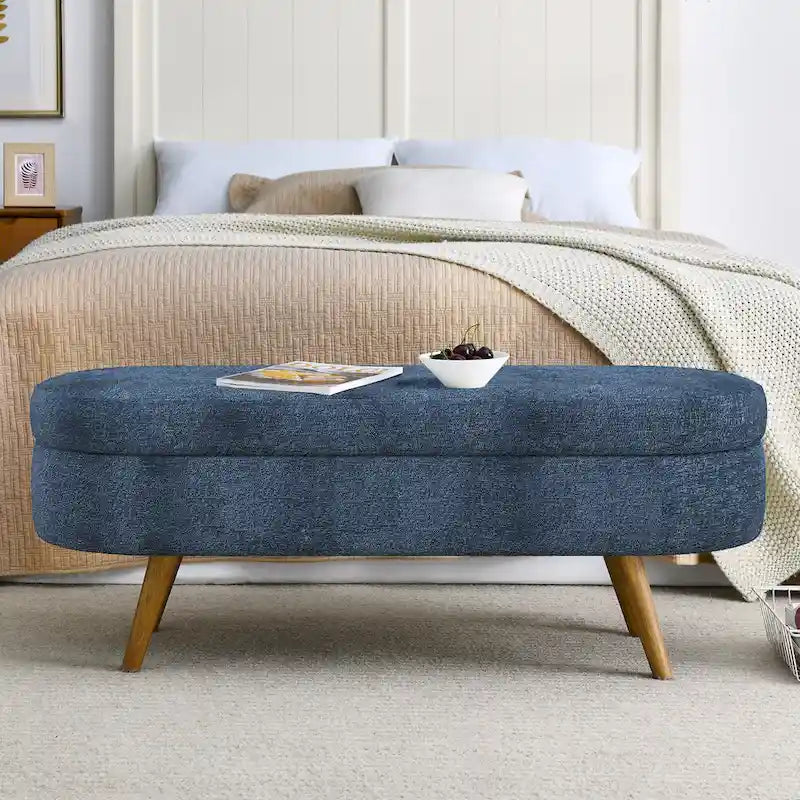 Oval Storage Bench Fabric Upholstered Entryway Bench with Rubber Wood Legs for Bedroom, Entryway, Living Room(43.5x16x16)