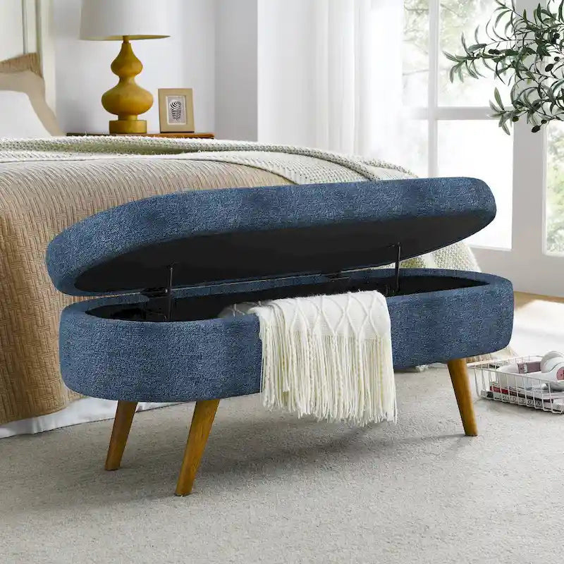 Oval Storage Bench Fabric Upholstered Entryway Bench with Rubber Wood Legs for Bedroom, Entryway, Living Room(43.5x16x16)