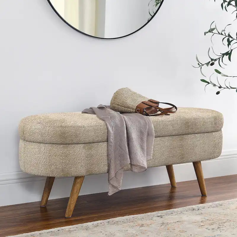 Oval Storage Bench Fabric Upholstered Entryway Bench with Rubber Wood Legs for Bedroom, Entryway, Living Room(43.5x16x16)