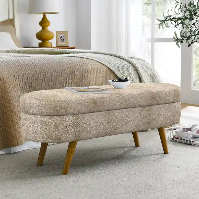 Oval Storage Bench Fabric Upholstered Entryway Bench with Rubber Wood Legs for Bedroom, Entryway, Living Room(43.5x16x16)