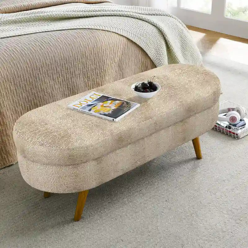 Oval Storage Bench Fabric Upholstered Entryway Bench with Rubber Wood Legs for Bedroom, Entryway, Living Room(43.5x16x16)