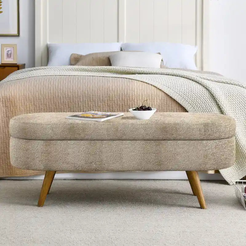 Oval Storage Bench Fabric Upholstered Entryway Bench with Rubber Wood Legs for Bedroom, Entryway, Living Room(43.5x16x16)