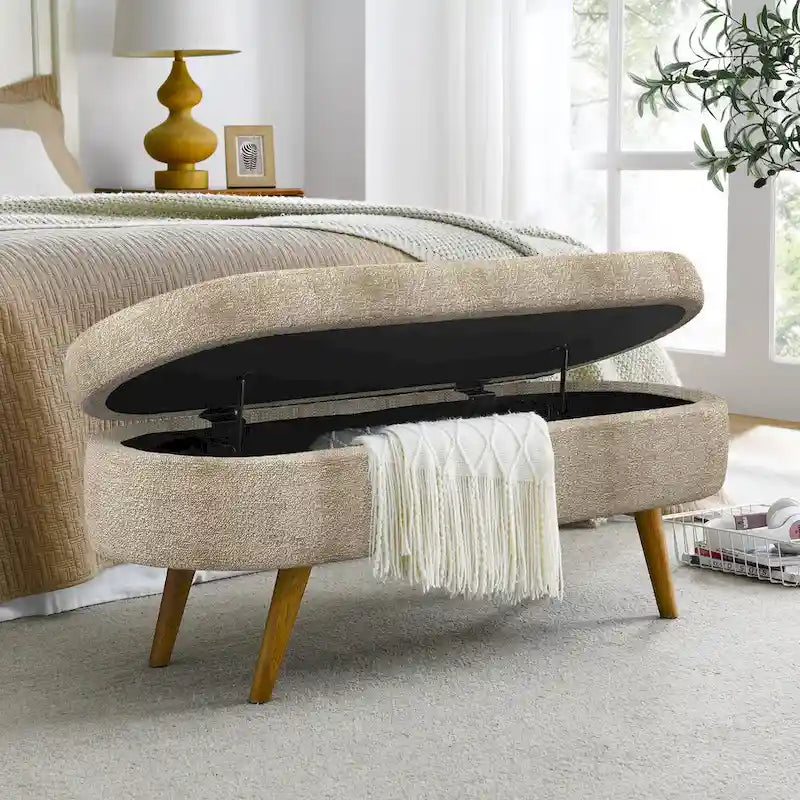 Oval Storage Bench Fabric Upholstered Entryway Bench with Rubber Wood Legs for Bedroom, Entryway, Living Room(43.5x16x16)