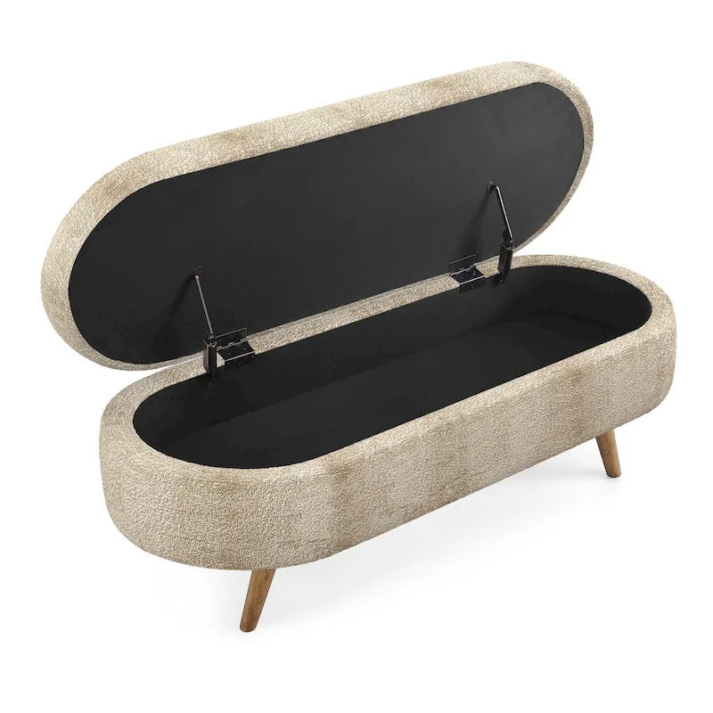 Oval Storage Bench Fabric Upholstered Entryway Bench with Rubber Wood Legs for Bedroom, Entryway, Living Room(43.5x16x16)