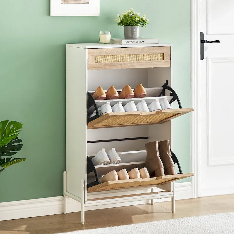 Natural Rattan Shoe Cabinet, 2 Flip Door Shoes Storage Cabinet