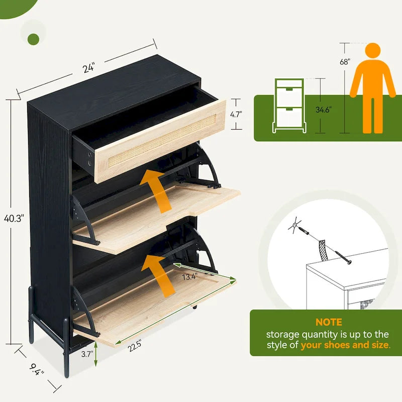 Natural Rattan Shoe Cabinet, 2 Flip Door Shoes Storage Cabinet