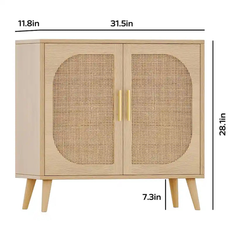 2-Door Rattan Storage Cabinet, Coffee Bar Cabinet with Solid Wood Feet, Kitchen Buffet Cabinet with Adjustable Shelf