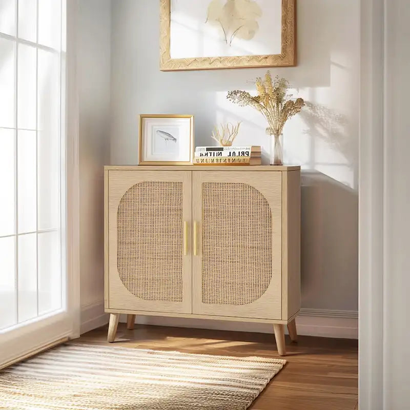 2-Door Rattan Storage Cabinet, Coffee Bar Cabinet with Solid Wood Feet, Kitchen Buffet Cabinet with Adjustable Shelf