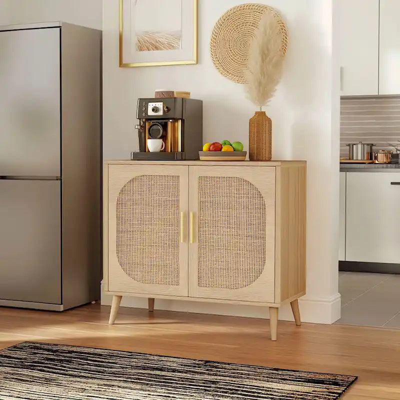 2-Door Rattan Storage Cabinet, Coffee Bar Cabinet with Solid Wood Feet, Kitchen Buffet Cabinet with Adjustable Shelf