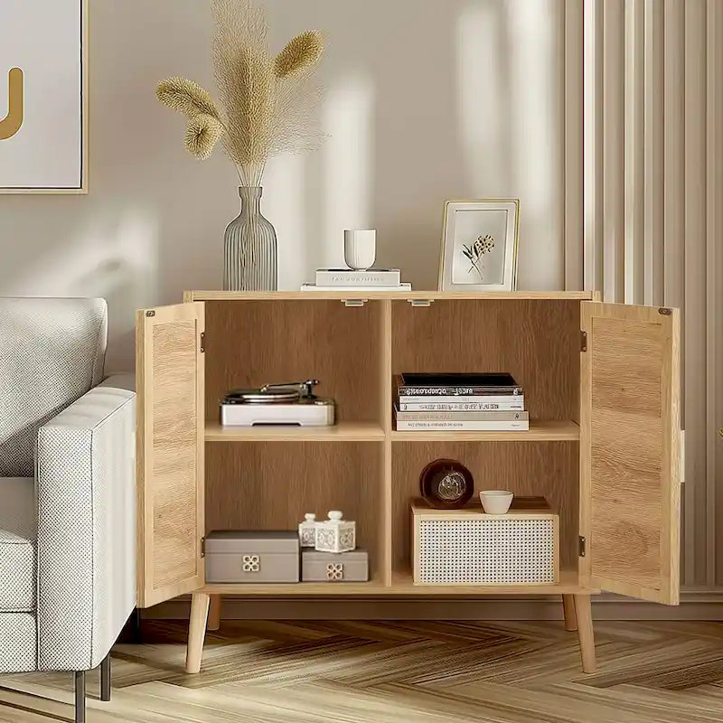 2-Door Rattan Storage Cabinet, Coffee Bar Cabinet with Solid Wood Feet, Kitchen Buffet Cabinet with Adjustable Shelf