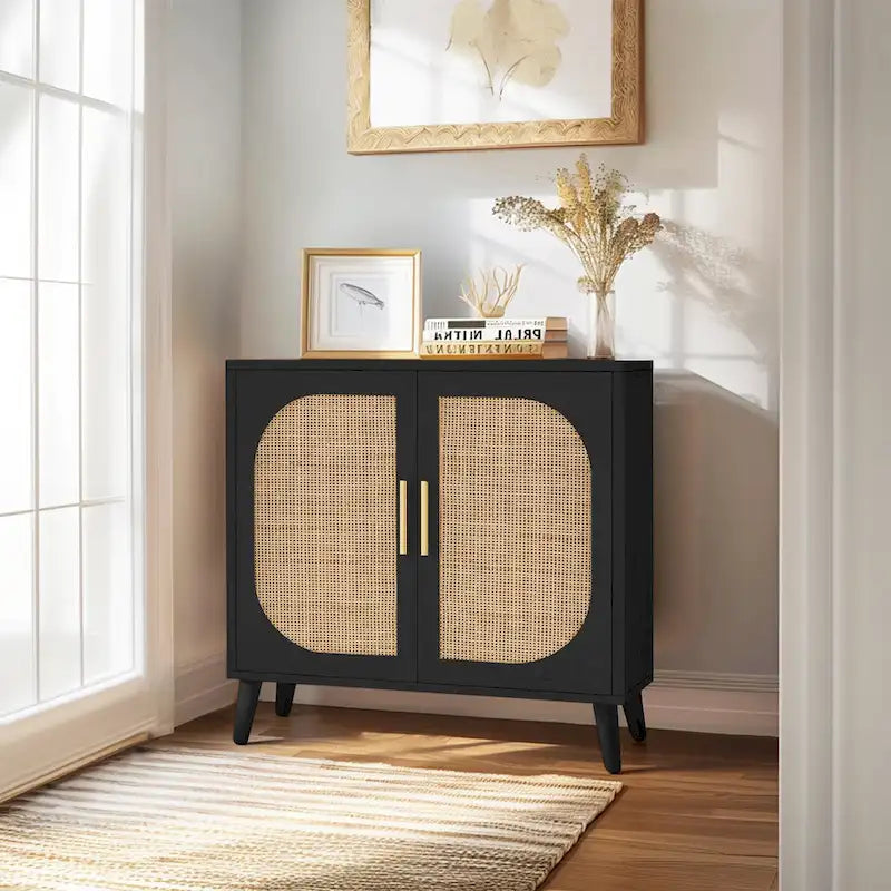 2-Door Rattan Storage Cabinet, Coffee Bar Cabinet with Solid Wood Feet, Kitchen Buffet Cabinet with Adjustable Shelf
