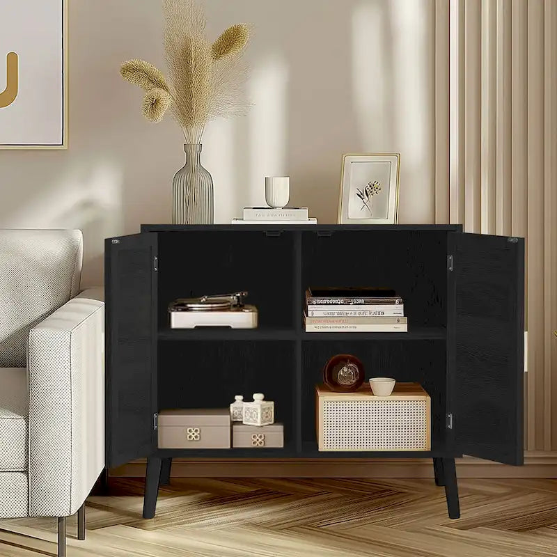 2-Door Rattan Storage Cabinet, Coffee Bar Cabinet with Solid Wood Feet, Kitchen Buffet Cabinet with Adjustable Shelf
