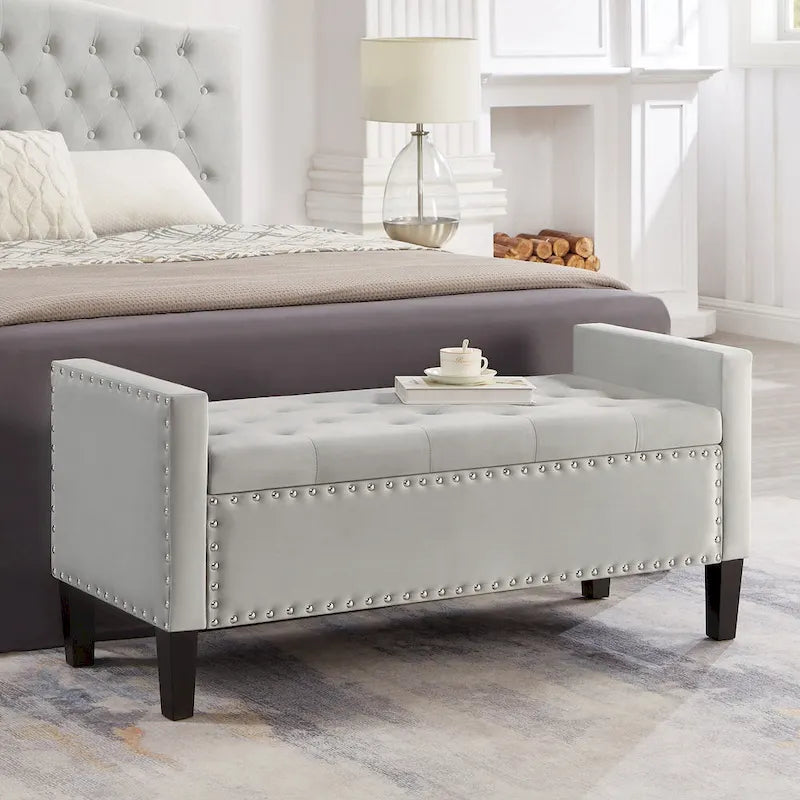 Upholstered Tufted Button Storage Bench with nails trim,Entryway Living Room Soft Padded Seat with Armrest,Bed Bench - Cream