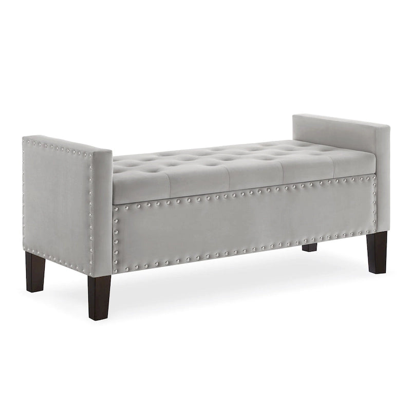 Upholstered Tufted Button Storage Bench with nails trim,Entryway Living Room Soft Padded Seat with Armrest,Bed Bench - Cream