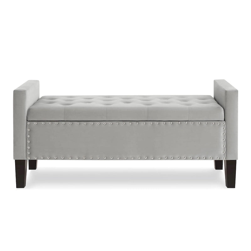 Upholstered Tufted Button Storage Bench with nails trim,Entryway Living Room Soft Padded Seat with Armrest,Bed Bench - Cream