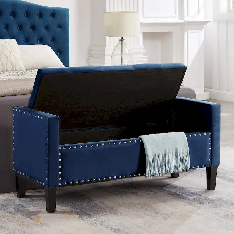 Upholstered Tufted Button Storage Bench with nails trim,Entryway Living Room Soft Padded Seat with Armrest,Bed Bench - Cream