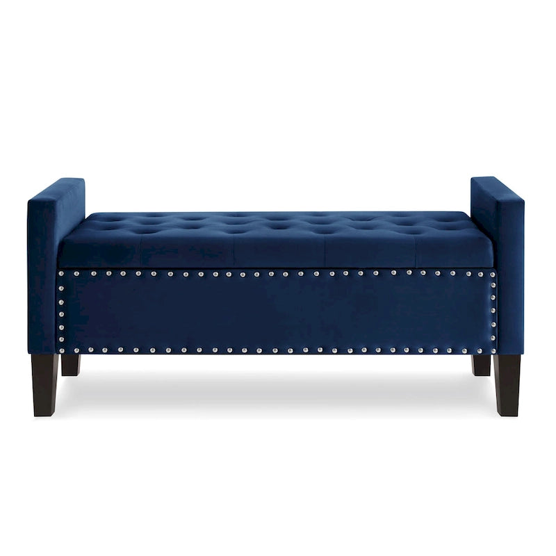 Upholstered Tufted Button Storage Bench with nails trim,Entryway Living Room Soft Padded Seat with Armrest,Bed Bench - Cream