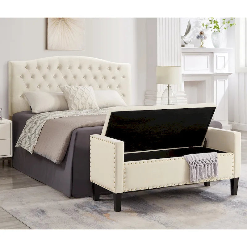 Upholstered Tufted Button Storage Bench with nails trim,Entryway Living Room Soft Padded Seat with Armrest,Bed Bench - Cream