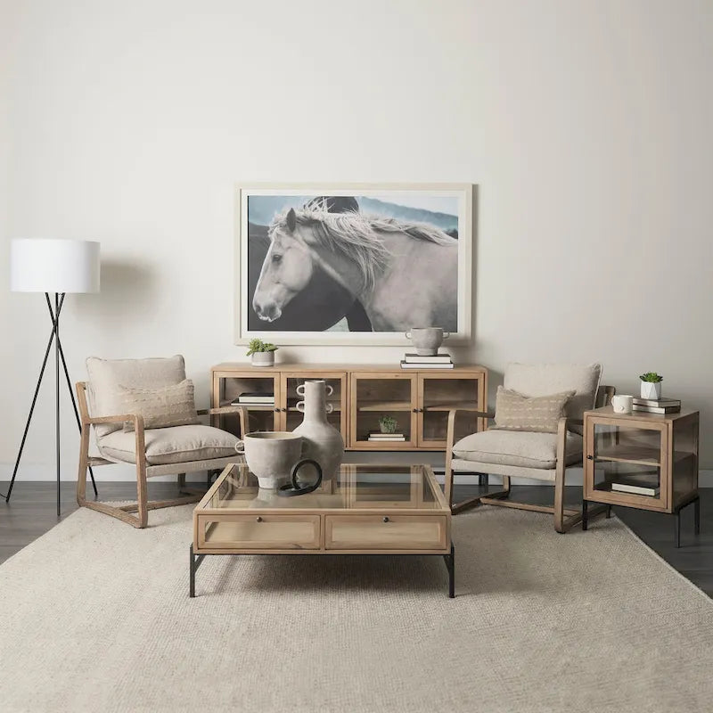 Arelius Light Brown w/ Black Metal Base 4 Door Glass Cabinet Sideboard - 70.0L x 18.0W x 32.0H