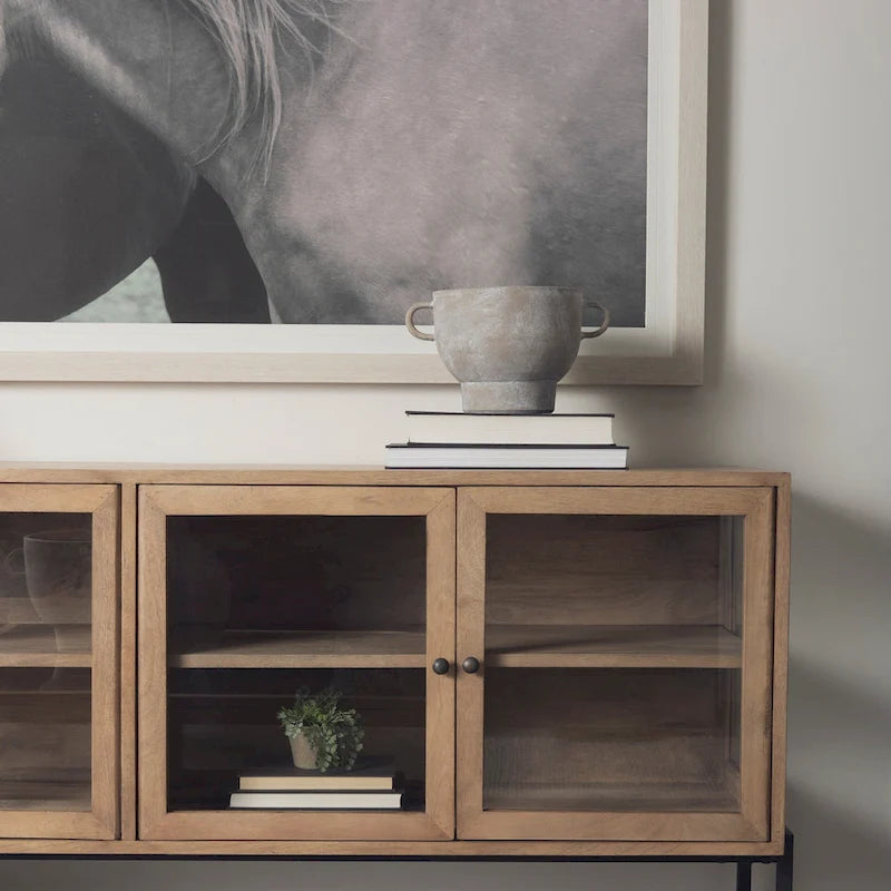Arelius Light Brown w/ Black Metal Base 4 Door Glass Cabinet Sideboard - 70.0L x 18.0W x 32.0H