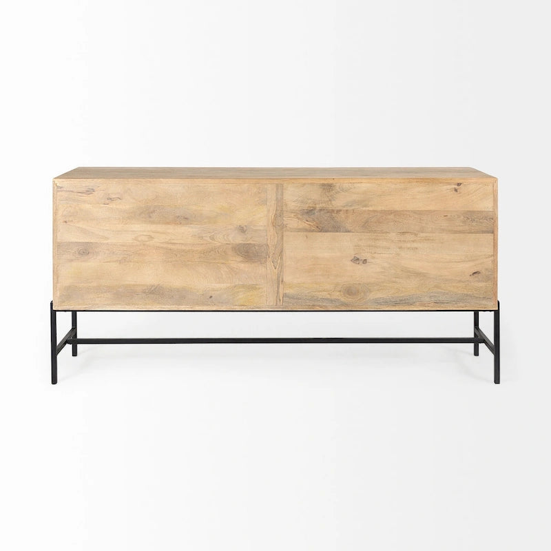Light Brown w/ Black Metal Base 4 Door Glass Cabinet Sideboard - 70.0L x 18.0W x 32.0H