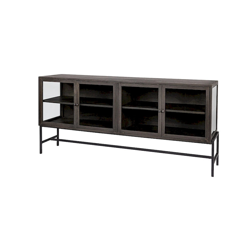 Light Brown w/ Black Metal Base 4 Door Glass Cabinet Sideboard - 70.0L x 18.0W x 32.0H