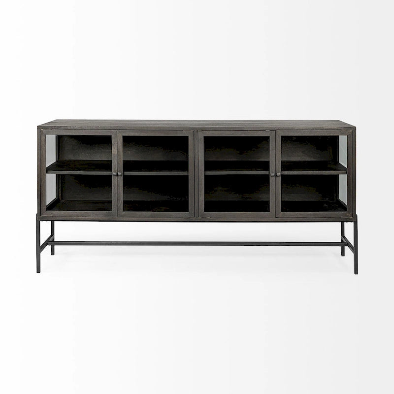 Light Brown w/ Black Metal Base 4 Door Glass Cabinet Sideboard - 70.0L x 18.0W x 32.0H