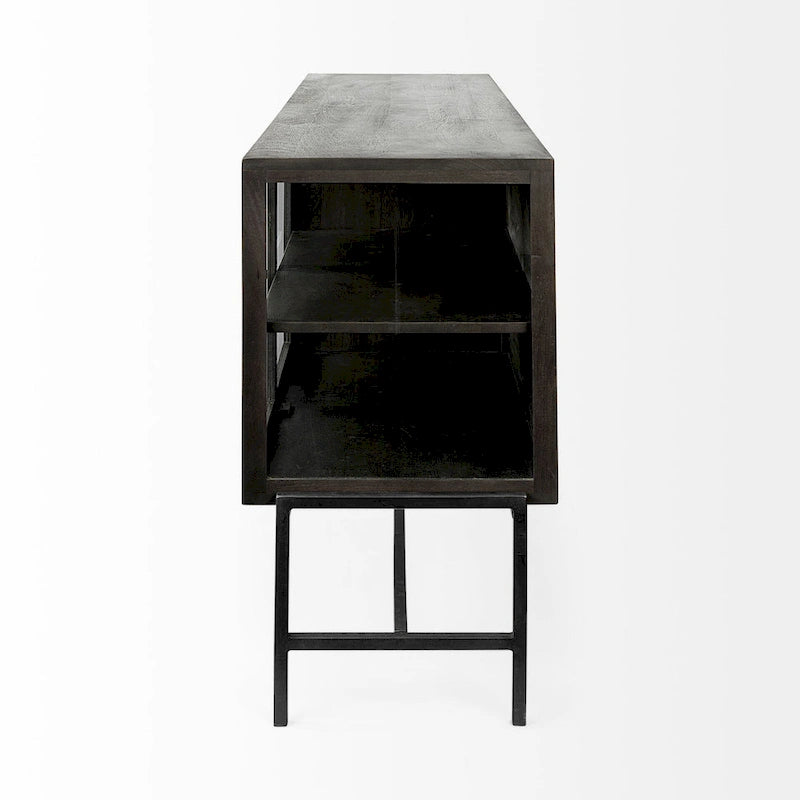 Light Brown w/ Black Metal Base 4 Door Glass Cabinet Sideboard - 70.0L x 18.0W x 32.0H