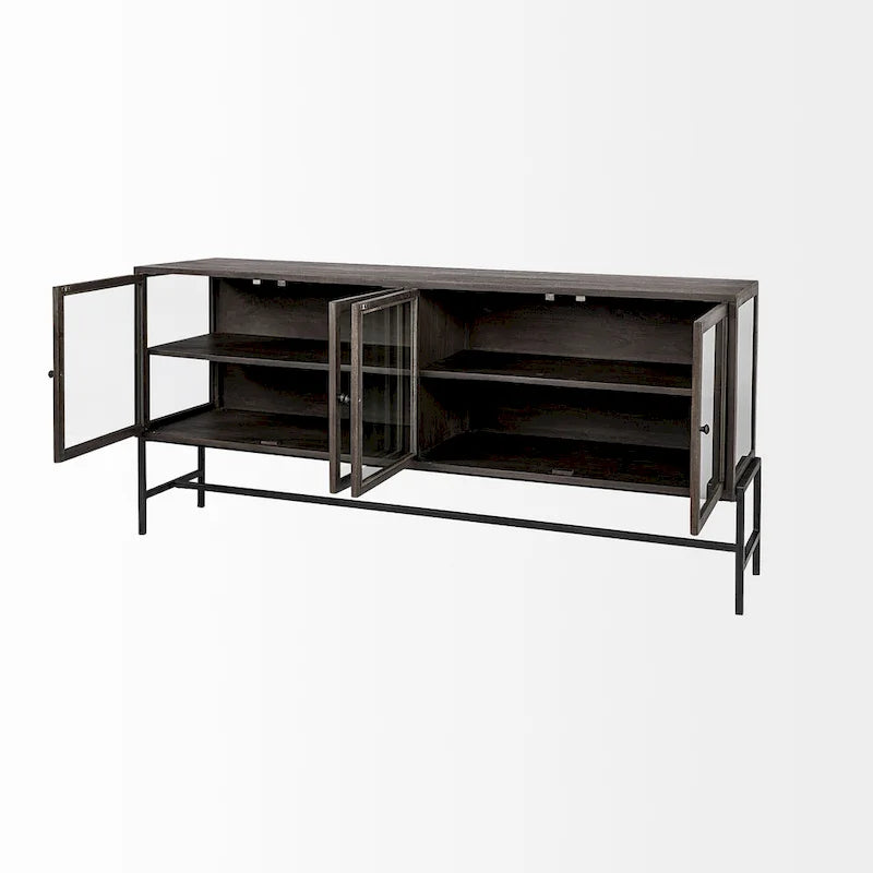 Light Brown w/ Black Metal Base 4 Door Glass Cabinet Sideboard - 70.0L x 18.0W x 32.0H