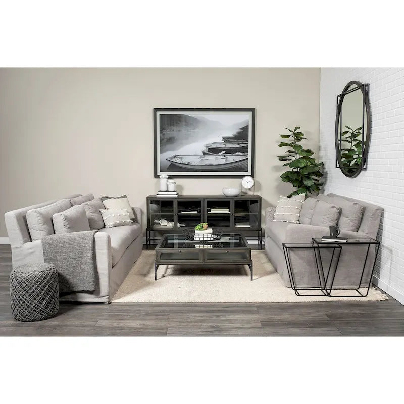 Light Brown w/ Black Metal Base 4 Door Glass Cabinet Sideboard - 70.0L x 18.0W x 32.0H