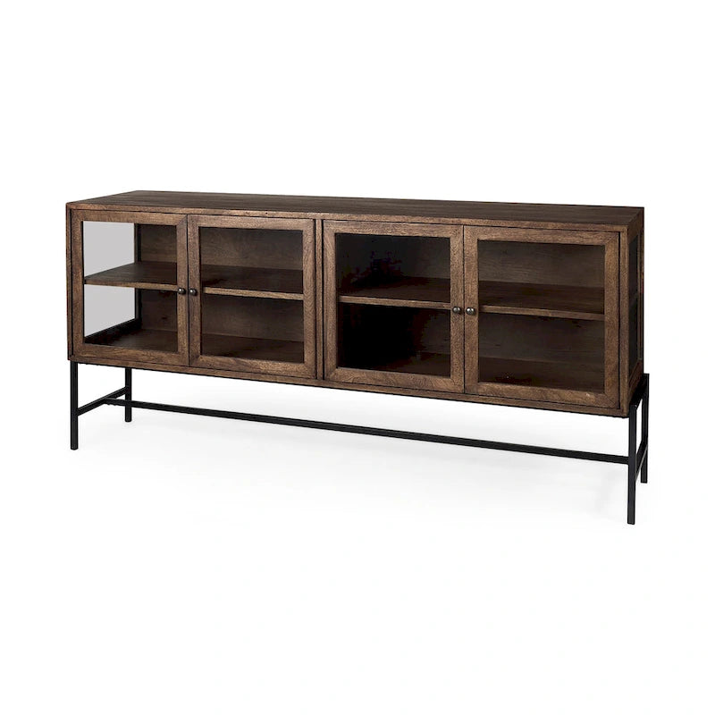 Light Brown w/ Black Metal Base 4 Door Glass Cabinet Sideboard - 70.0L x 18.0W x 32.0H