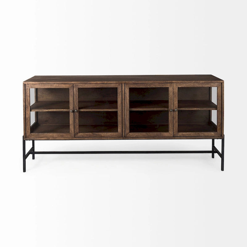 Light Brown w/ Black Metal Base 4 Door Glass Cabinet Sideboard - 70.0L x 18.0W x 32.0H