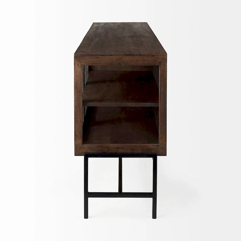 Light Brown w/ Black Metal Base 4 Door Glass Cabinet Sideboard - 70.0L x 18.0W x 32.0H