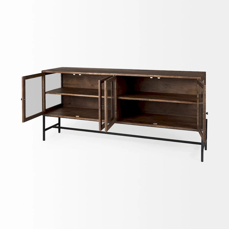 Light Brown w/ Black Metal Base 4 Door Glass Cabinet Sideboard - 70.0L x 18.0W x 32.0H