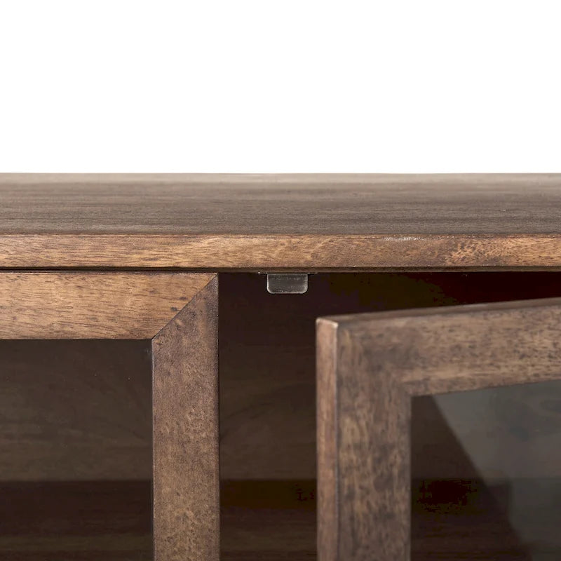 Light Brown w/ Black Metal Base 4 Door Glass Cabinet Sideboard - 70.0L x 18.0W x 32.0H