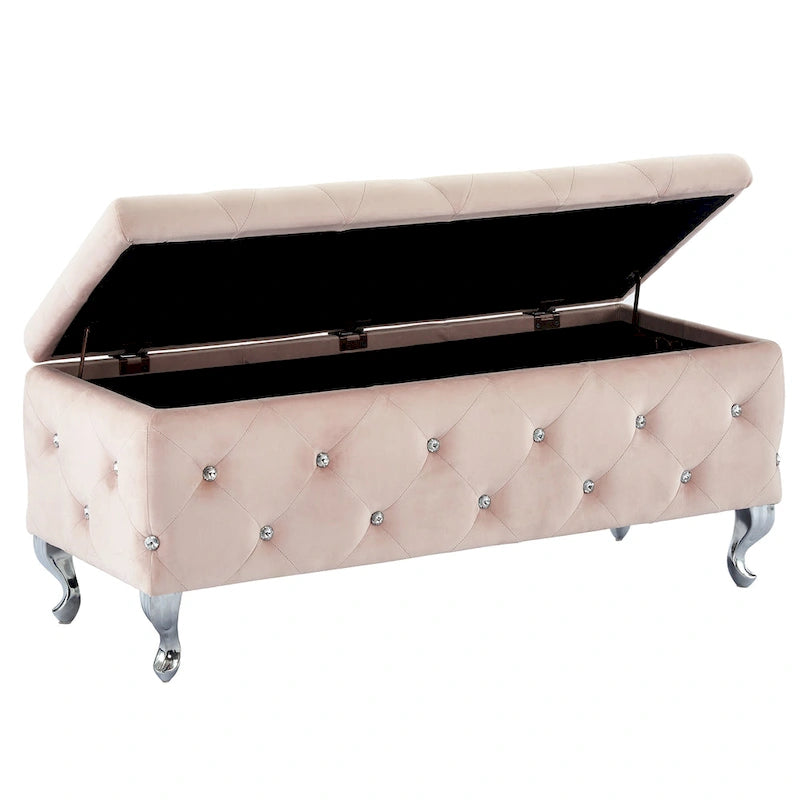 Velvet Storage Bench with Crystals, Blush