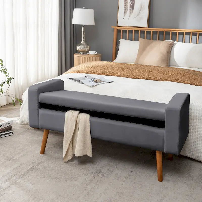 Velvet Storage Bench with Rubberwood Legs