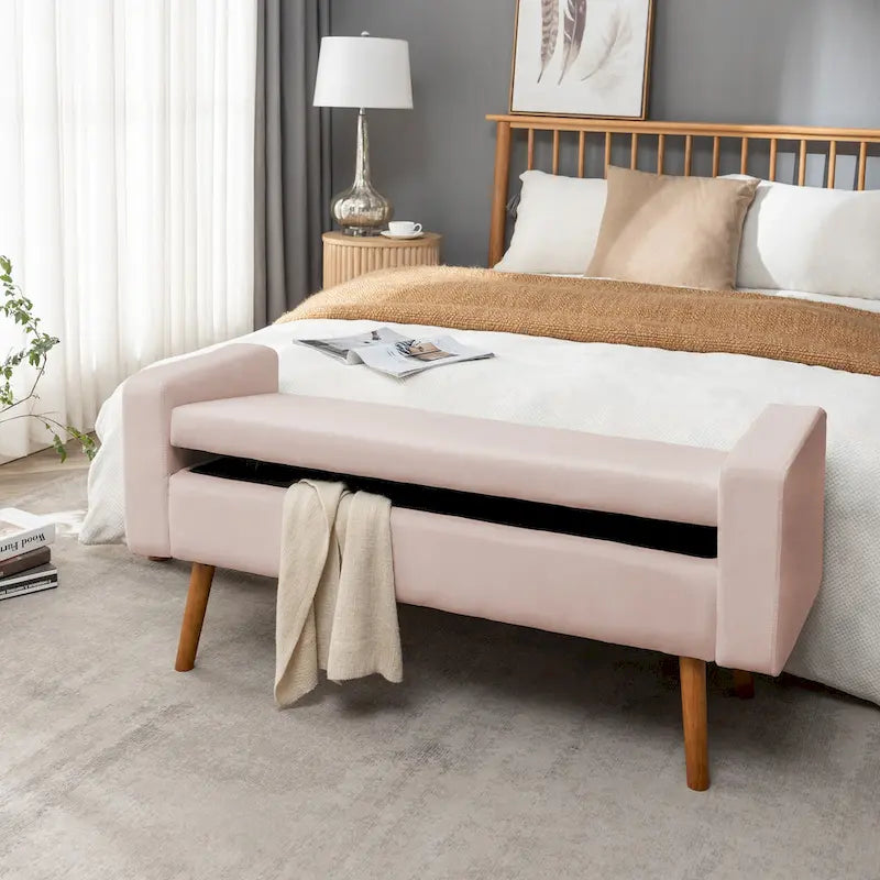 Velvet Storage Bench with Rubberwood Legs