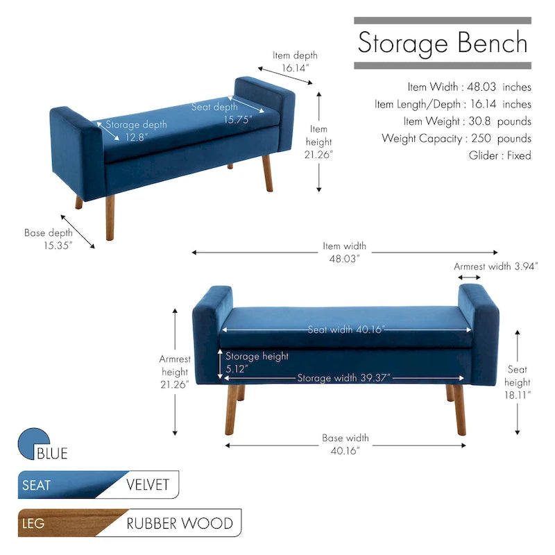 Velvet Storage Bench with Rubberwood Legs
