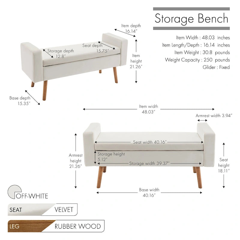 Velvet Storage Bench with Rubberwood Legs