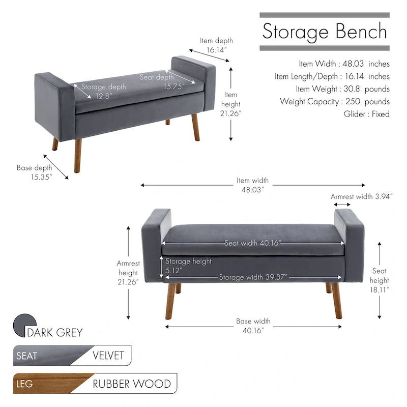 Velvet Storage Bench with Rubberwood Legs