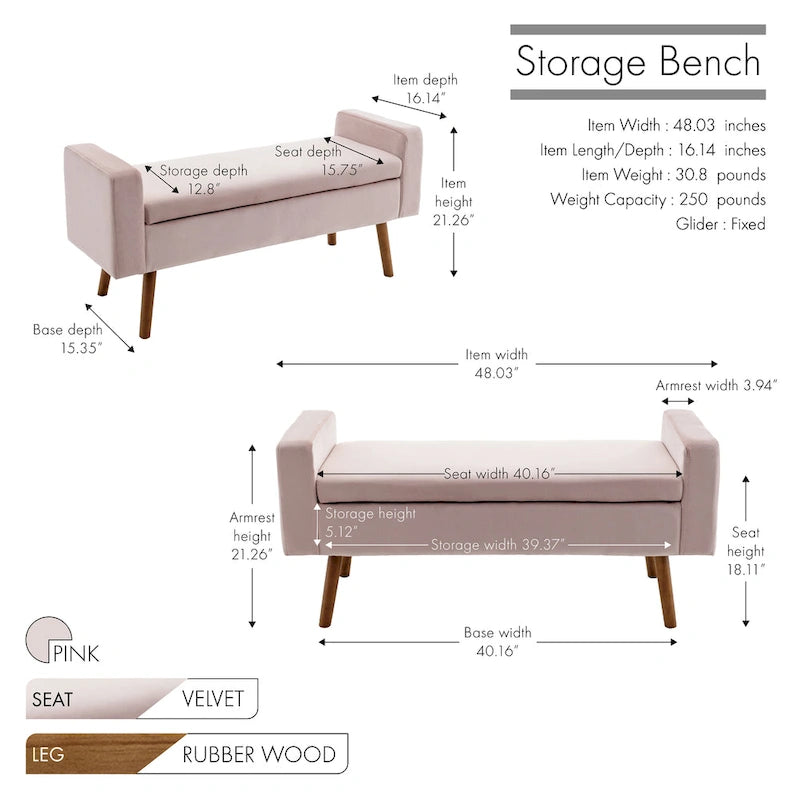 Velvet Storage Bench with Rubberwood Legs