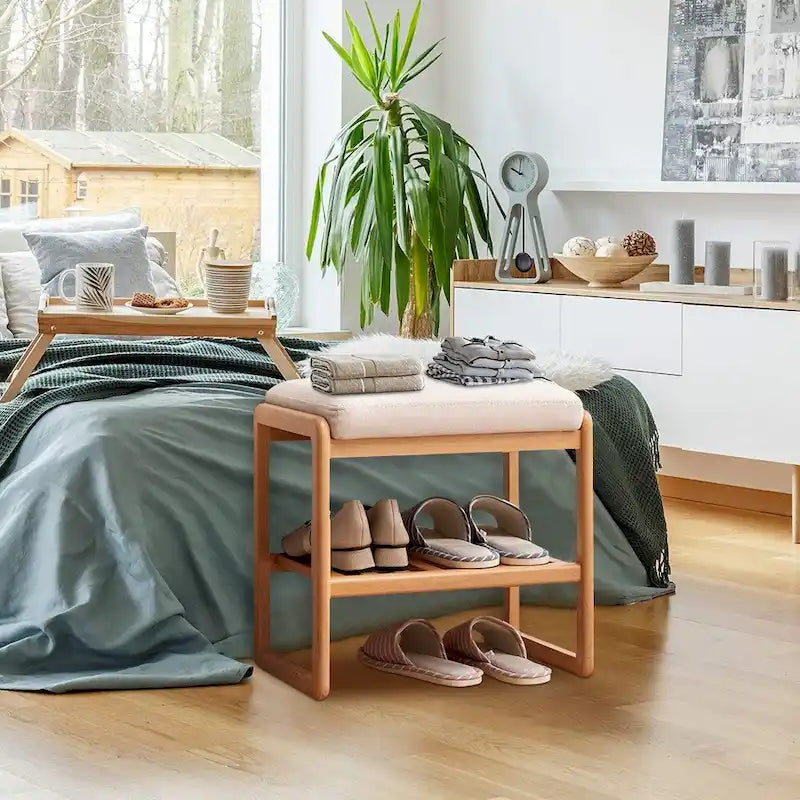 Solid Wood Shoe Bench with Sponge Cushion, Shoe Rack for Entryway - 23
