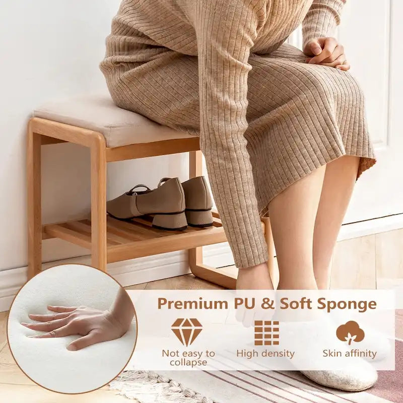 Solid Wood Shoe Bench with Sponge Cushion, Shoe Rack for Entryway - 23