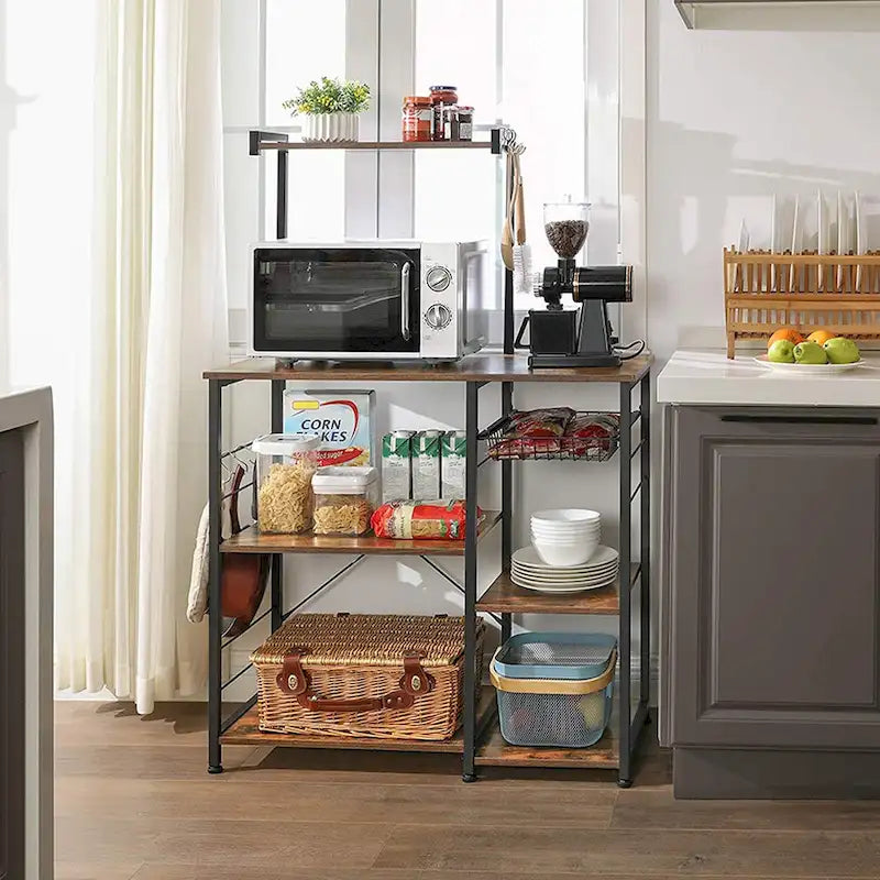 Rustic Brown Bakers Rack Kitchen Shelf with wire Basket and 6 S-Hooks Perfect for Microwave or Oven - 35.4L x 15.7W x 52H
