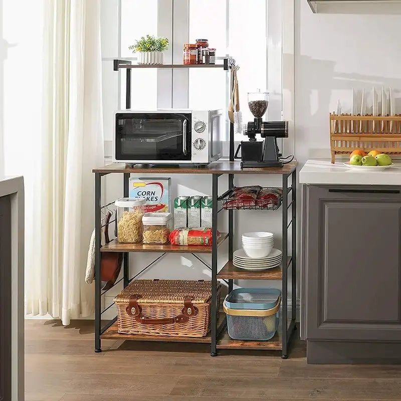 Rustic Brown Bakers Rack Kitchen Shelf with wire Basket and 6 S-Hooks Perfect for Microwave or Oven - 35.4L x 15.7W x 52H
