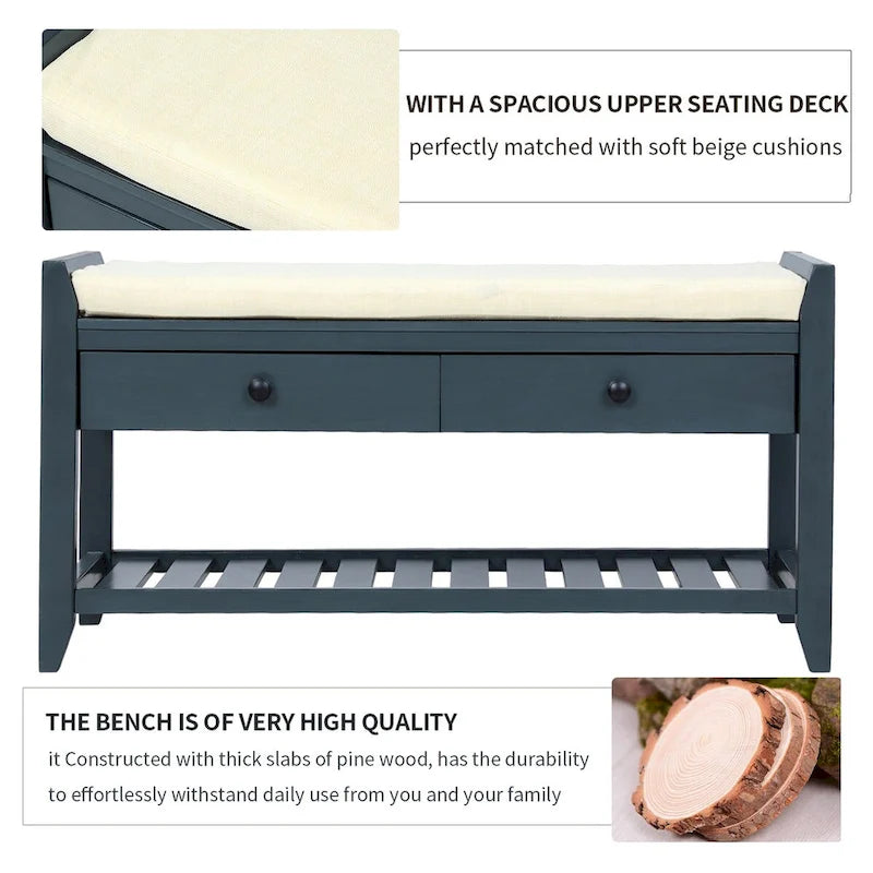 Shoe Rack with Cushioned Seat and Drawers, Multipurpose Entryway Storage Bench