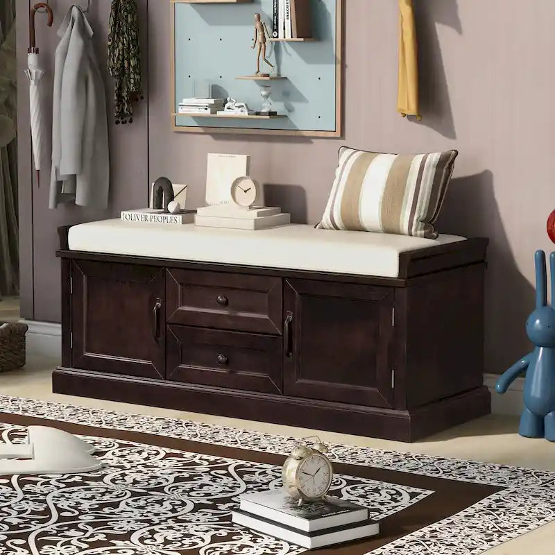 Storage Bench with 2 Drawers and 2 Cabinets, Shoe Bench with Removable Cushion for Living Room, Entryway